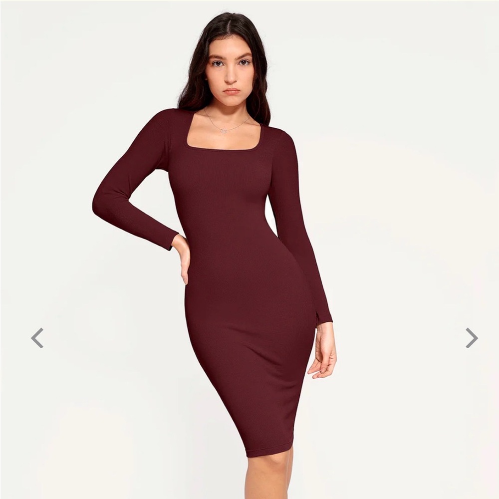Popilush Shapewear Long Sleeve Square Neck Modal Slimming Midi Dress